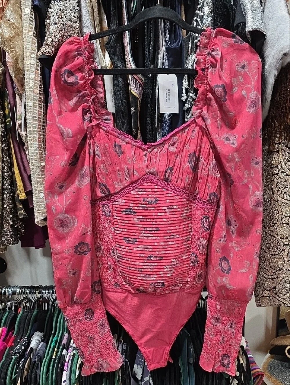Free People Redish Pink  Floral Puff-Sleeve Smocked Bodysuit Blouse